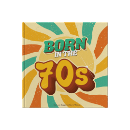 "Born in the 70s" cover with colourful retro sun background.