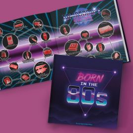 Born In The 80s Gift Book with open spread showing inventions from the 80s.