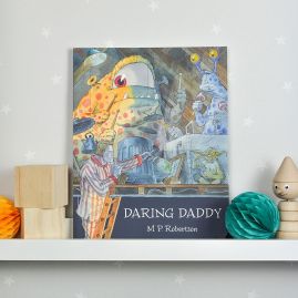 A book resting on a shelf alongside an assortment of wooden children's toys.