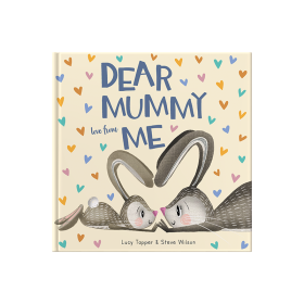 Book cover of cute illustrated mummy and baby bunny laying down with ears together forming a heart shape.