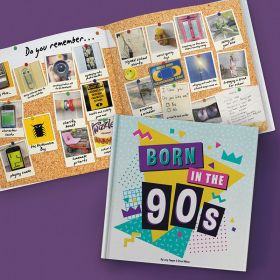 Born In The 90s Gift Book with open spread showing 90s memorabilia.