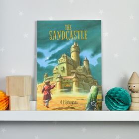 Book on shelf with wooden toys.
